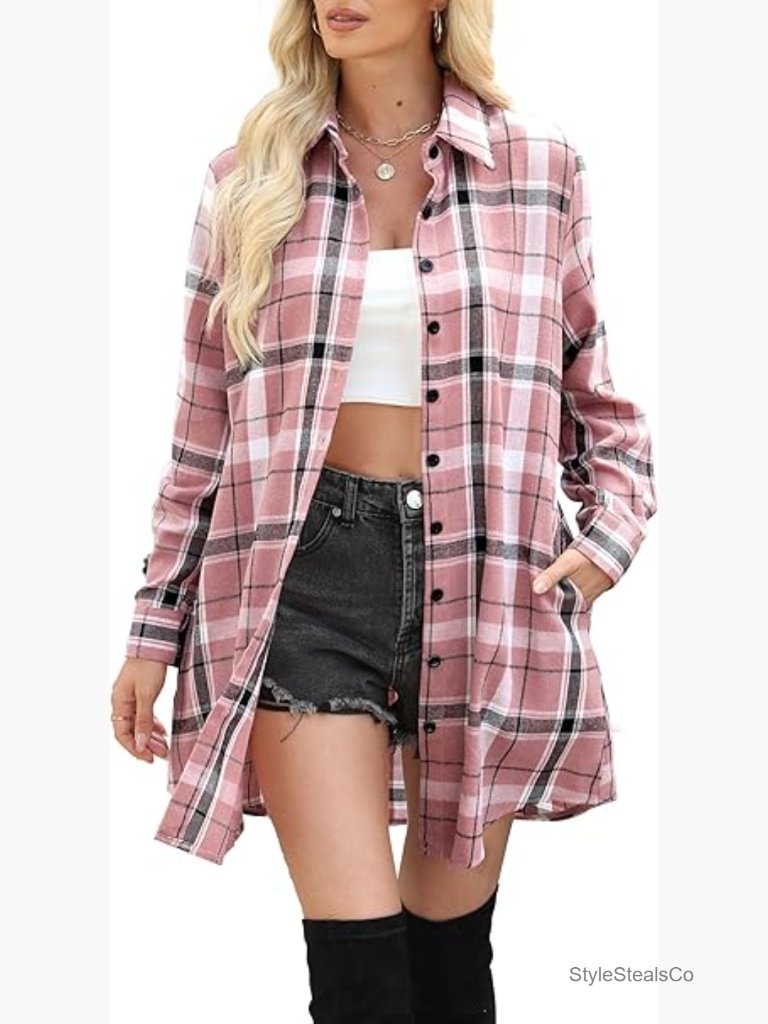 Long Sleeve Flannel Shacket Button Down Shirt Casual Loose Fit Tunic Top